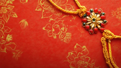 Photographic macro of ornate rakhi on floral red ground.