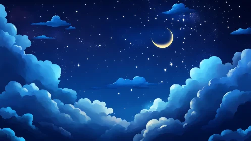 Night sky with crescent moon above layered cumulus clouds.