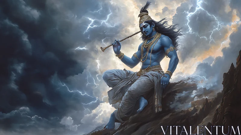 Serene blue deity resting above stormlit mountain clouds.