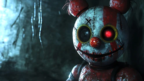 Creepy clown bear robot with glowing eye in dark cave.