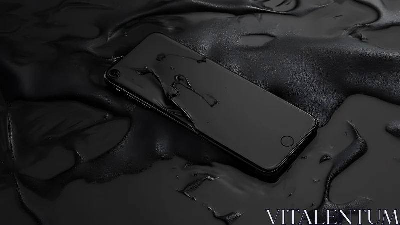 Photorealistic black smartphone submerged in liquid gloss.