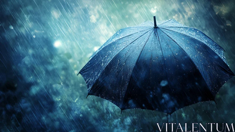 Umbrella under heavy rain with vivid blue reflections.