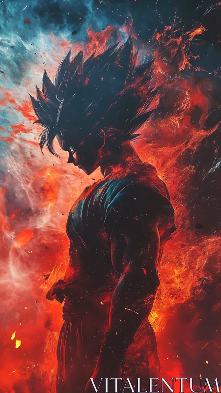 Silhouetted warrior in fiery red and blue energy field.