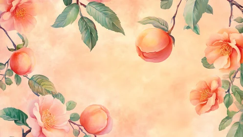 Peach branches and blossoms on soft pastel background.