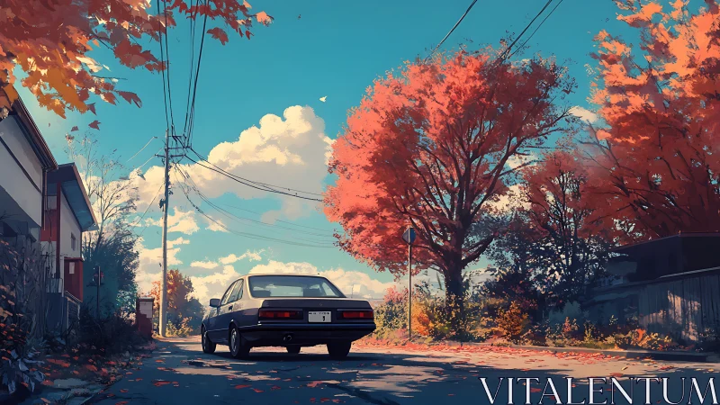 Sunlit sedan under vivid autumn foliage on quiet street.