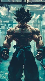 Hyper-muscular anime warrior lifts dumbbells in stylized gym lighting