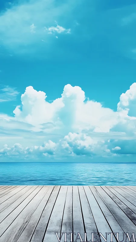 Minimalist seaside boardwalk with calm horizon and cumulus clouds