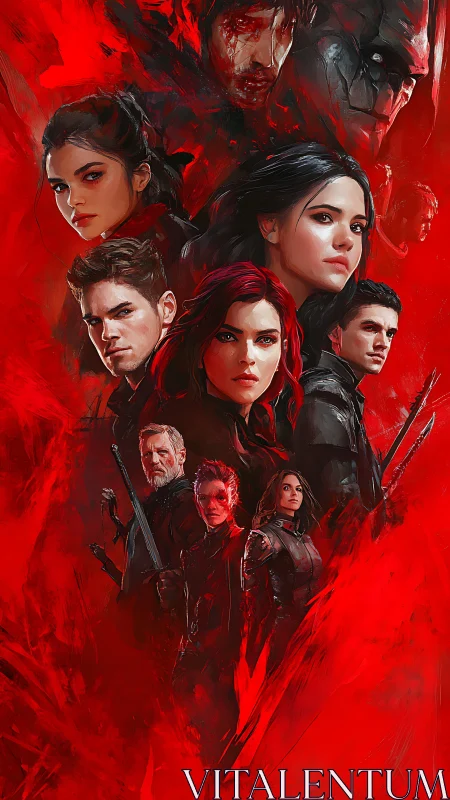 Digital painting ensemble portrait in crimson action tableau.