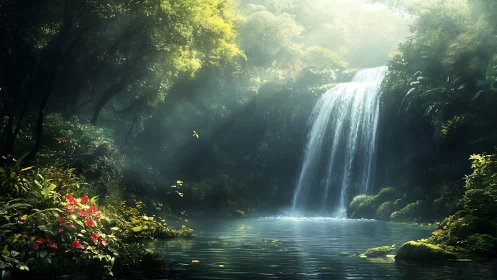 Sunlit jungle waterfall cascades into a tranquil forest pool