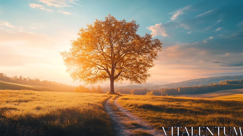 Golden sunset tree welcoming you down a peaceful path.