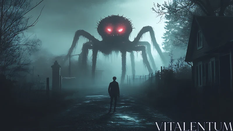 Backlit fog silhouette confronts towering red-eyed arachnid entity