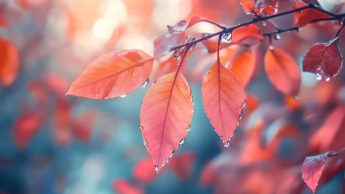 Macro study of red foliage with luminous bokeh field.