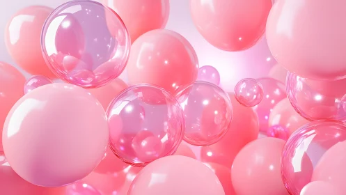 Pink Bubbles Floating in Soft Light, Digital 3D Render Art.