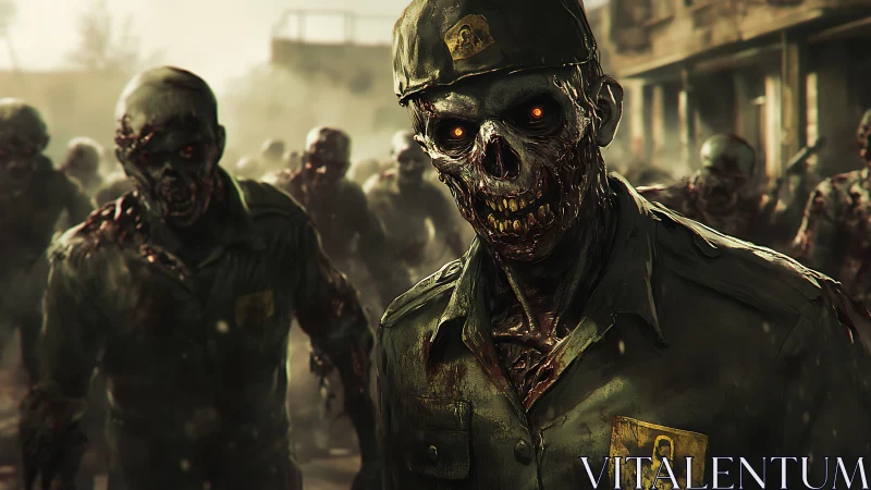 Undead soldiers advance through a ruined urban streetscape