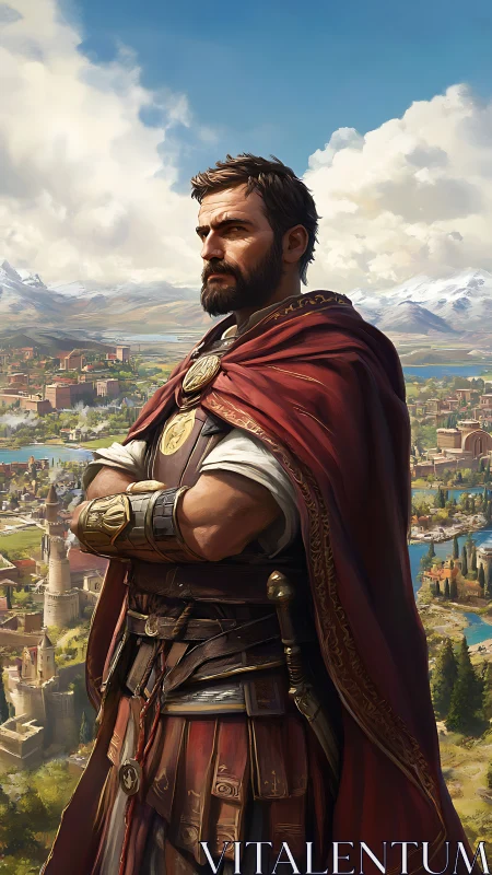 Roman commander overlooking a sunlit valley cityscape.