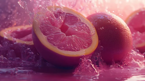 Vibrant pink grapefruit splash in luminous water bath.