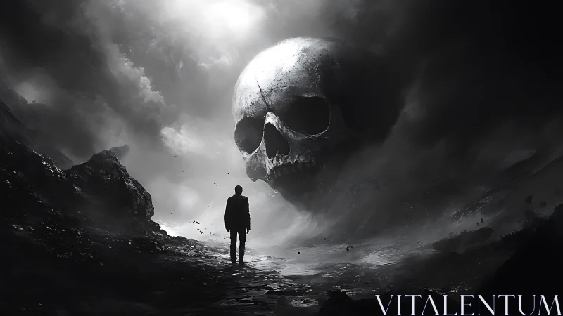 Solitary figure confronts colossal skull in monochrome void