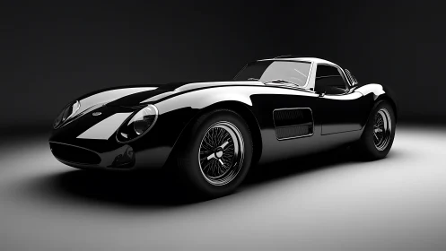 Sleek black classic sports car glows softly in the studio