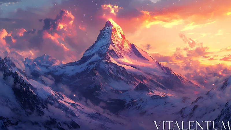 Snow covered mountain peak under vivid sunset sky.