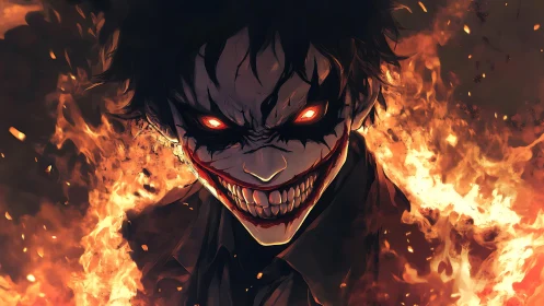 Fiery grinning demon emerges from swirling orange flames