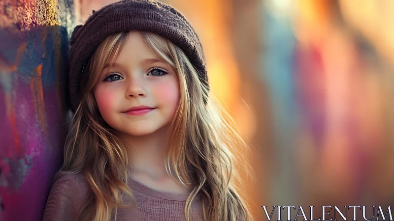 Young girl wearing dark beanie with blonde hair, soft diffused background.