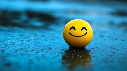 Smiling yellow ball contrasts sharply against wet blue ground