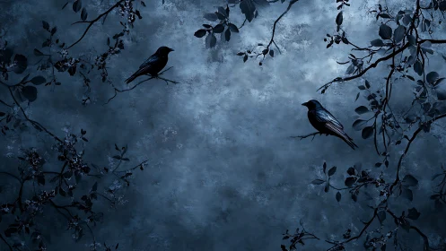 Two crows balance on moonlit branches in silent twilight