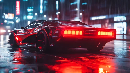 Cyberpunk supercar rear view in neon rain soaked night street