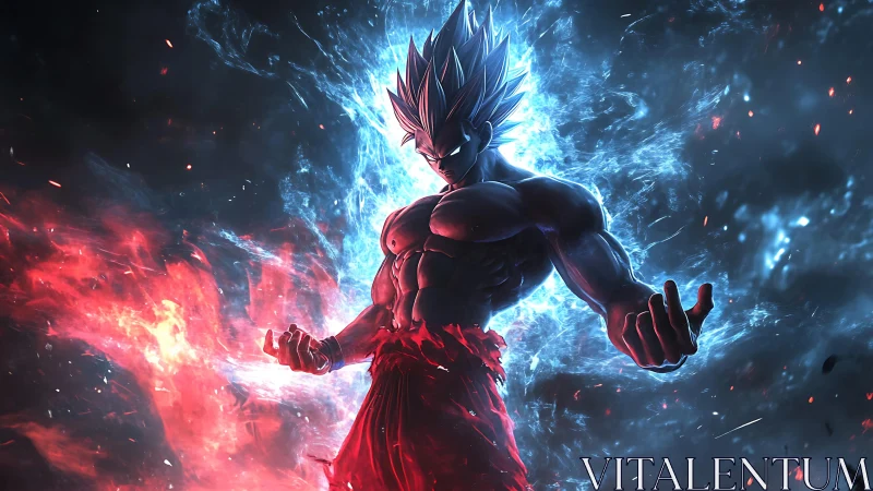 Energy-charged anime warrior stands amid blue and red aura.