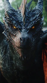 Fiery eyed dragon gazes forward with powerful calm wonder