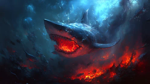 Infernal deep-sea shark lunging through blazing abyssal fire.
