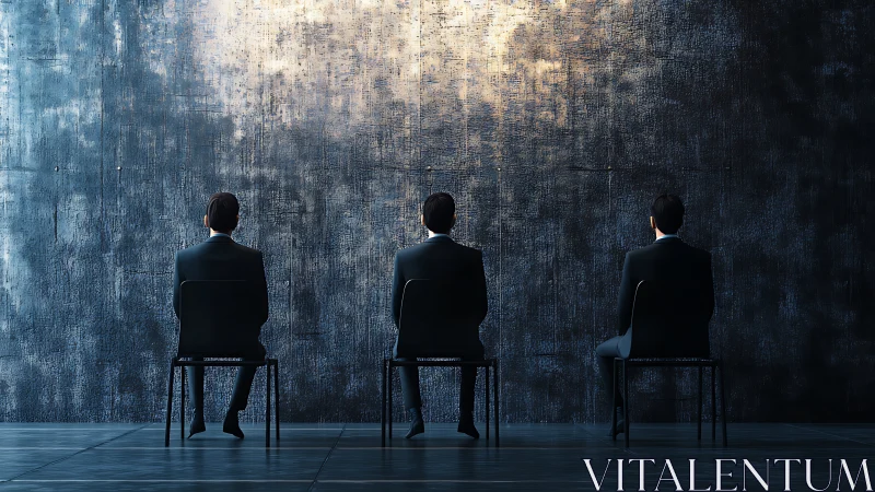 Corporate figures aligned before textured concrete wall.