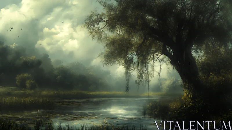 Misty riverside grove where quiet light and shadows linger.