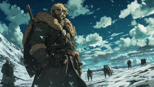 Fur‑clad wanderer leads a storm-bitten caravan through icebound wilds.