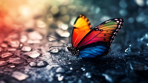 Radiant rainbow butterfly rests softly on shimmering ground