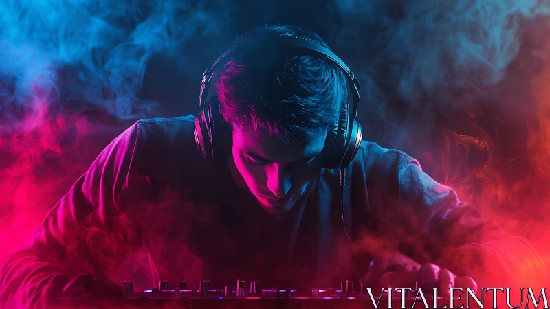 DJ lost in neon sound, mixing beats inside swirling color.