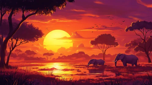 Radiant savanna sunset illuminates elephants in stylized wetland