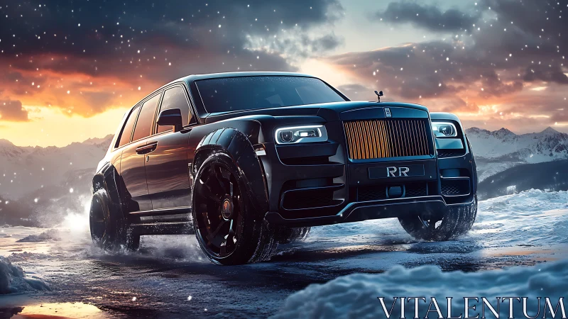 Luxury black SUV with golden grille in dynamic snowy landscape