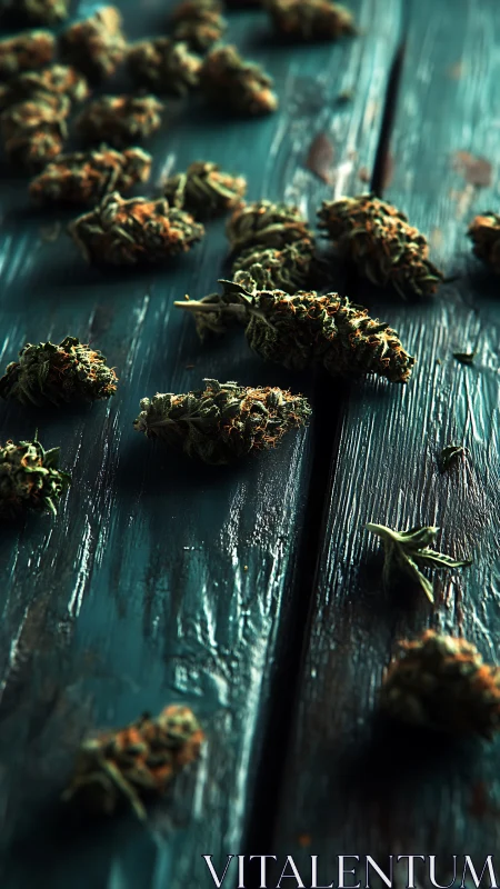 Cannabis buds arranged on weathered teal wooden surface in shallow focus