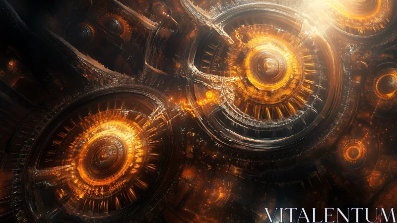 Luminous mechanical rings in complex sci fi configuration.