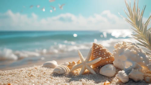 Sunlit seashells and starfish rest quietly on a tranquil shore.