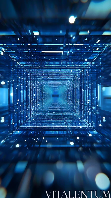Endless blue data tunnel extends into luminous digital depth