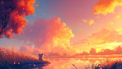 Golden sunset welcomes a quiet teddy by the riverside