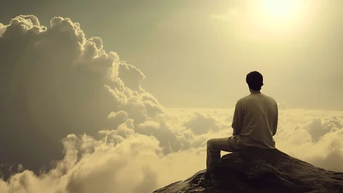Solitary figure seated on rocky ledge above dense cloud layer.