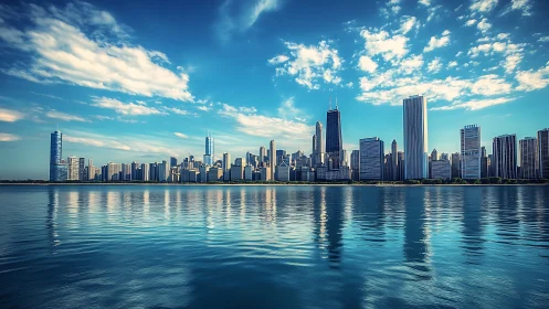 Hyper-saturated waterfront skyline under dynamic cumulus field.