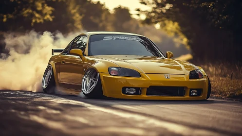 Golden drift rocket carving smoke through a forest lane.