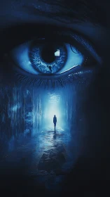 Blue iris dominates a luminous corridor with lone silhouette