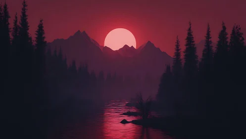Dreamy crimson sunset over quiet forest river valley.