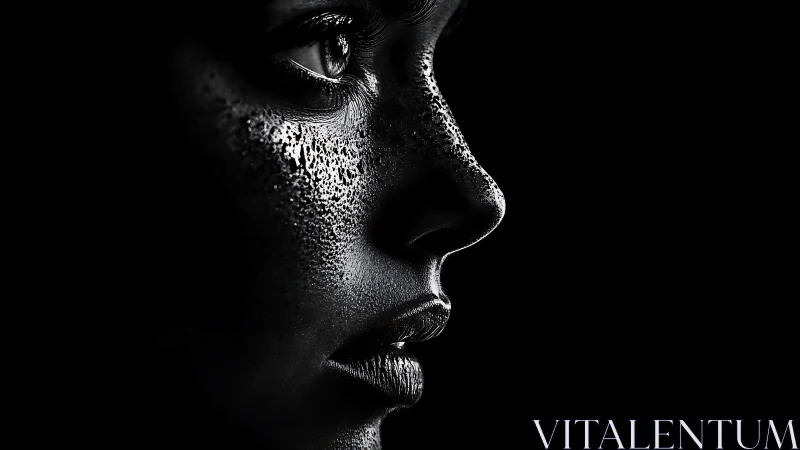 High-contrast lateral portrait with micro-textured skin surface.