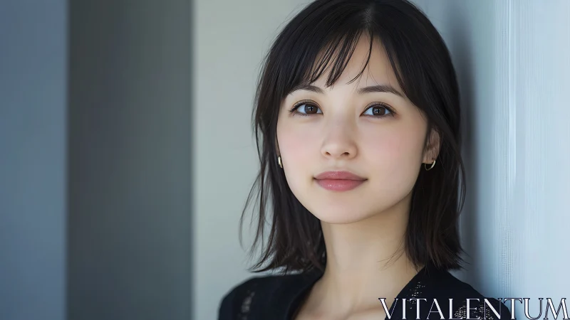Portrait of young woman with short dark hair in soft natural light.